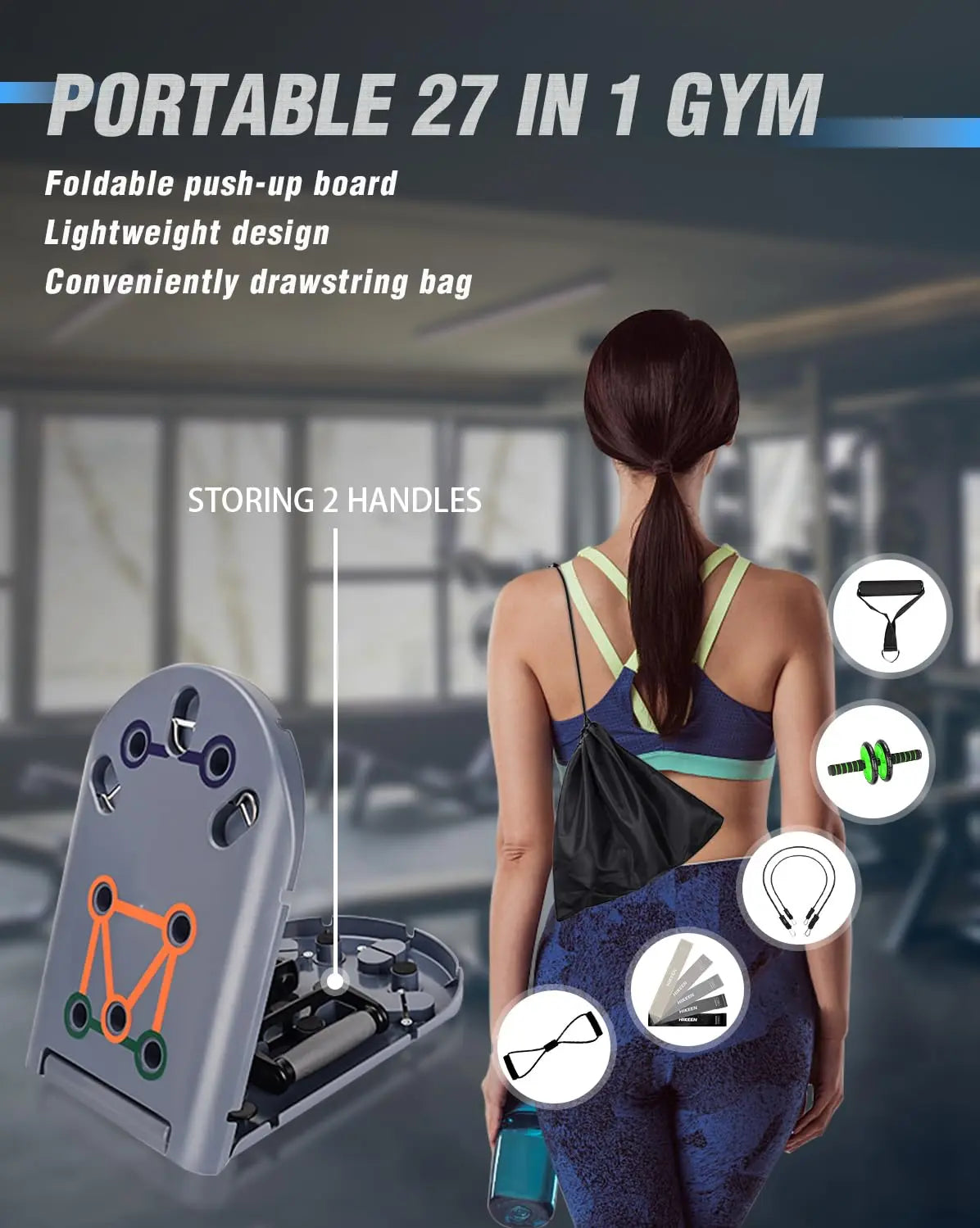 Home Workout Equipment 27-In-1 Portable Gym Set with Push-Up Board Resistance Bands Ab Roller Wheel Pilates Bar for Effective Fitness Goals