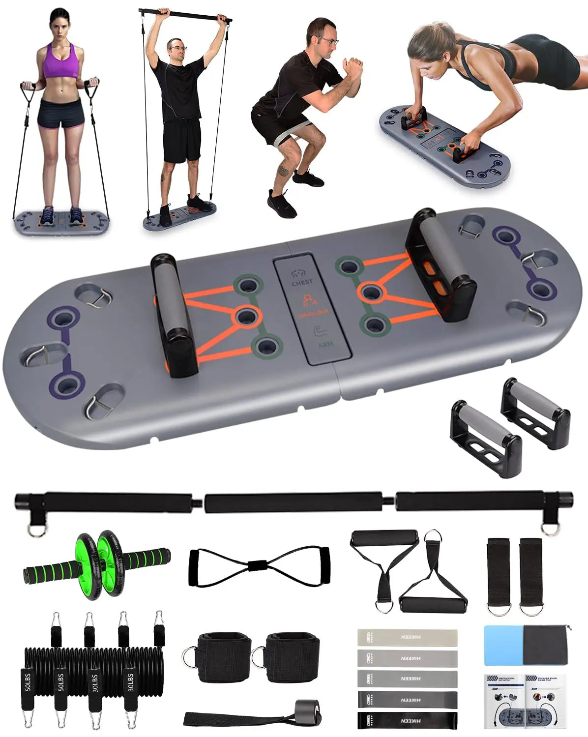 Home Workout Equipment 27-In-1 Portable Gym Set with Push-Up Board Resistance Bands Ab Roller Wheel Pilates Bar for Effective Fitness Goals